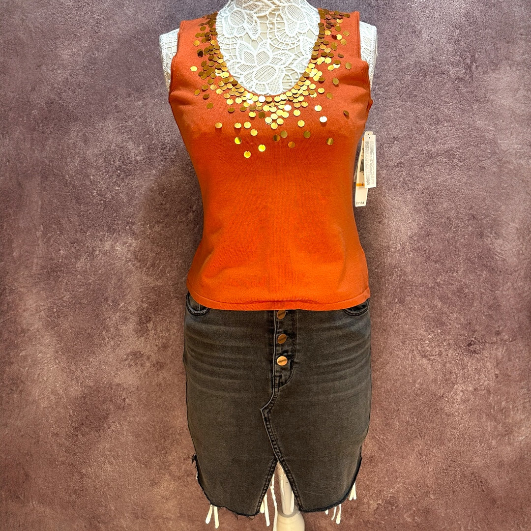 Jones New York Orange Sleeveless Tank Top with Sequin Neckline NWT