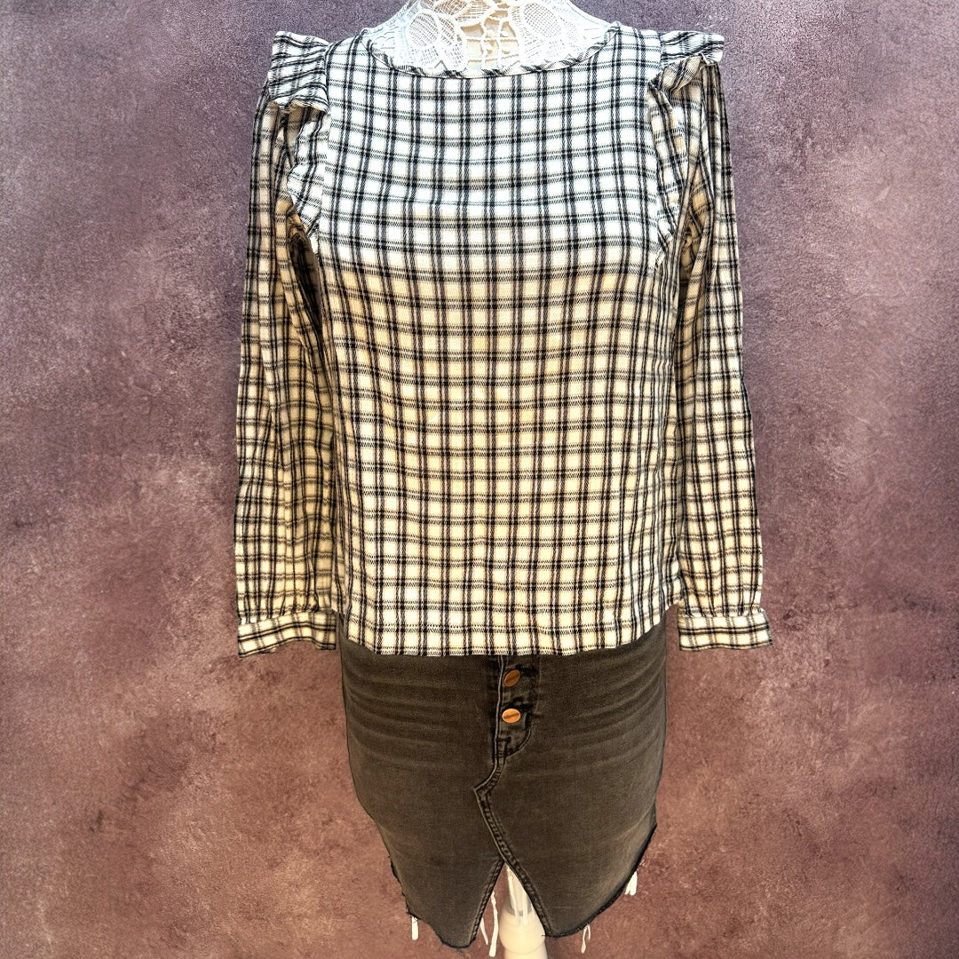 LOFT Plaid Ruffle Long Sleeve Blouse