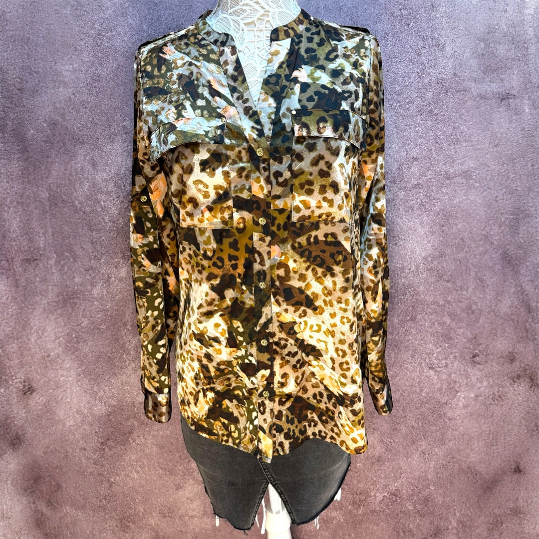 Calvin Klein Leopard Print Long Sleeve Button Down Shirt