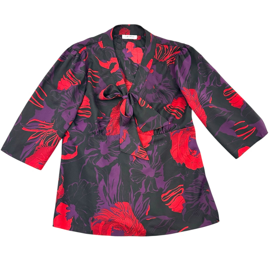 Calvin Klein 3/4 Sleeve Floral Blouse with Pussy Bow Collar