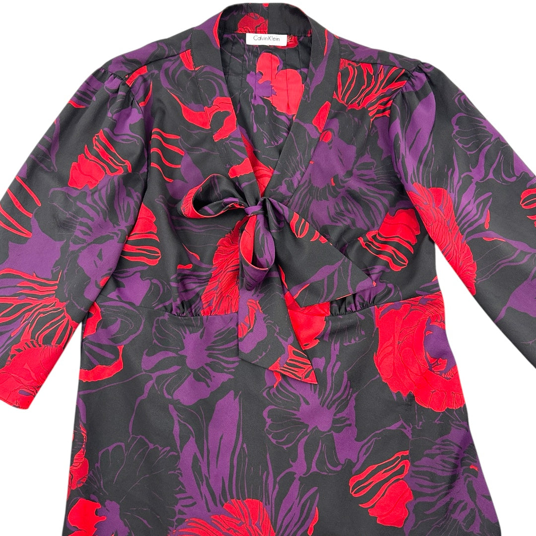 Calvin Klein 3/4 Sleeve Floral Blouse with Pussy Bow Collar
