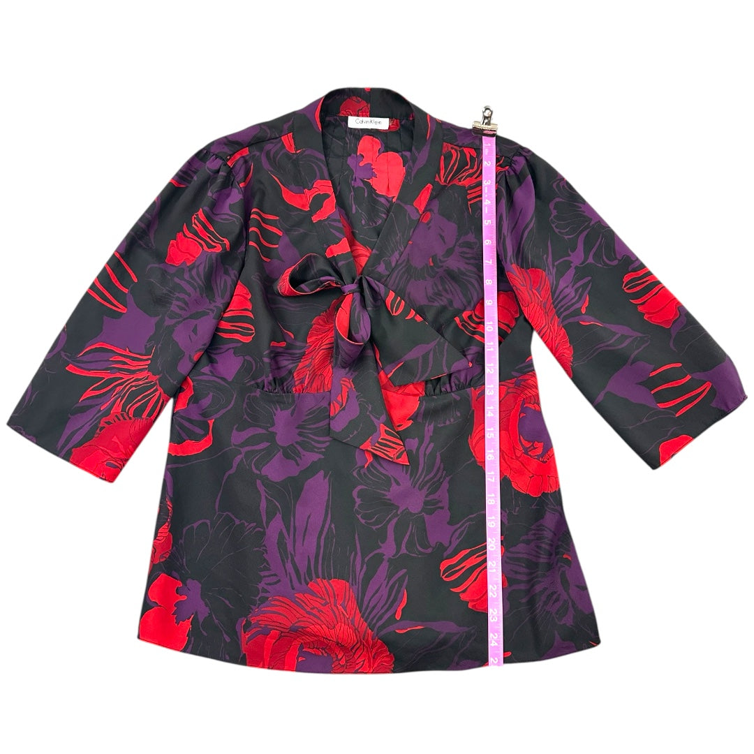 Calvin Klein 3/4 Sleeve Floral Blouse with Pussy Bow Collar