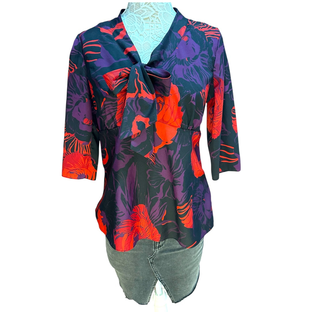 Calvin Klein 3/4 Sleeve Floral Blouse with Pussy Bow Collar
