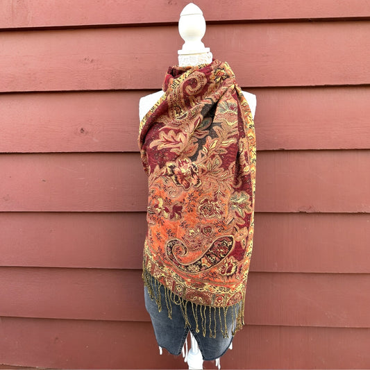 Red & Gold Pashmina and Silk Scarf