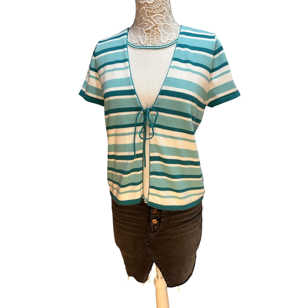 Y2K Christopher & Banks Striped Short Sleeve Cardigan Blouse