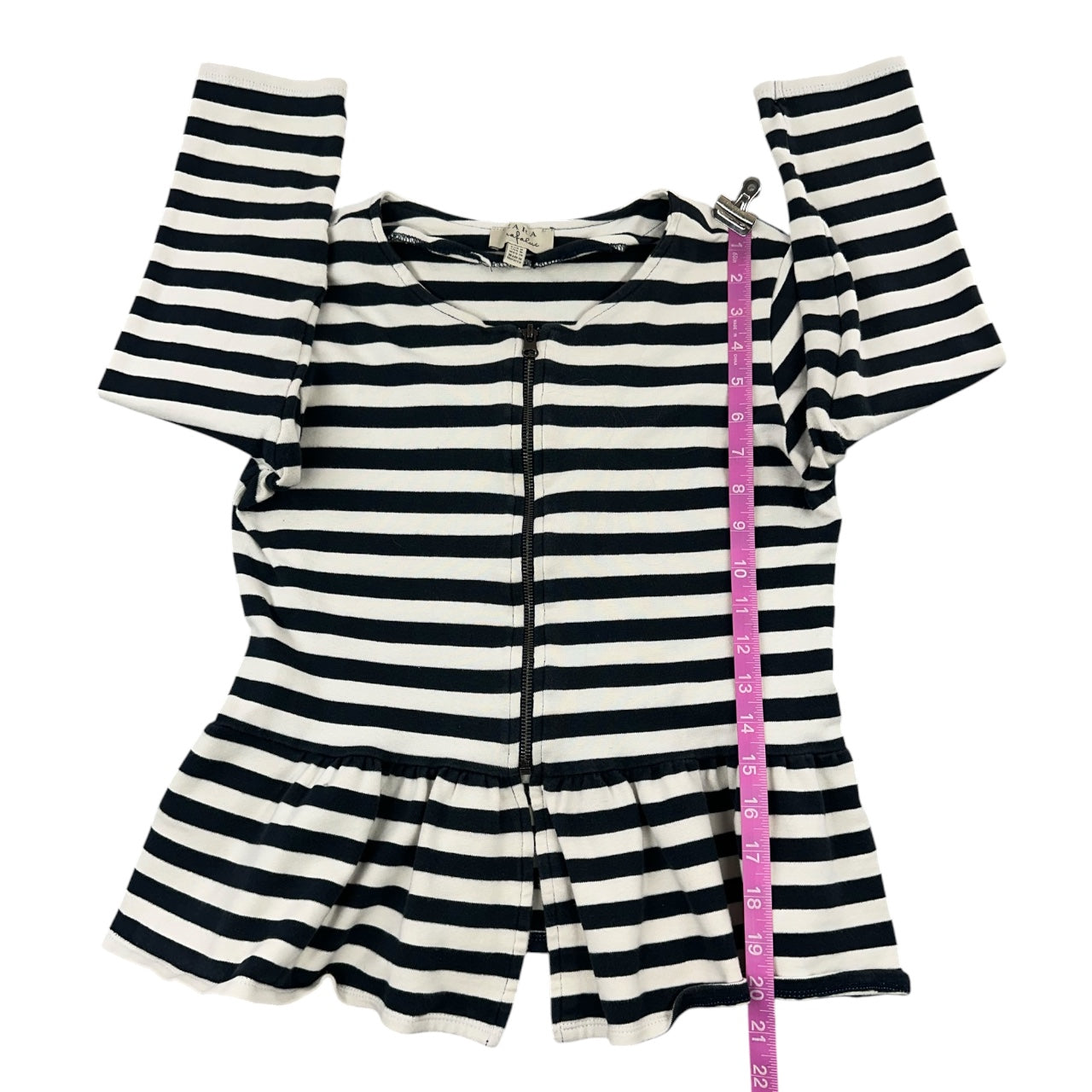 Zara Trafaluc Navy & White Striped Peplum Zip Up Jacket
