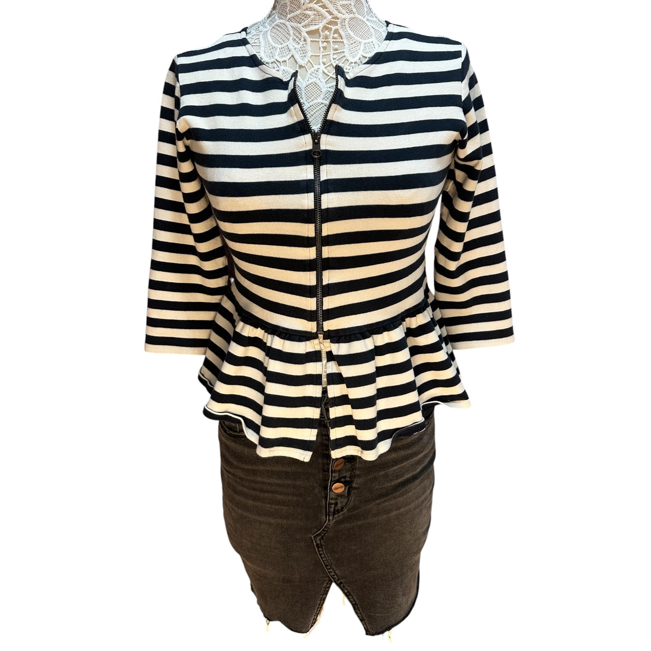Zara Trafaluc Navy & White Striped Peplum Zip Up Jacket