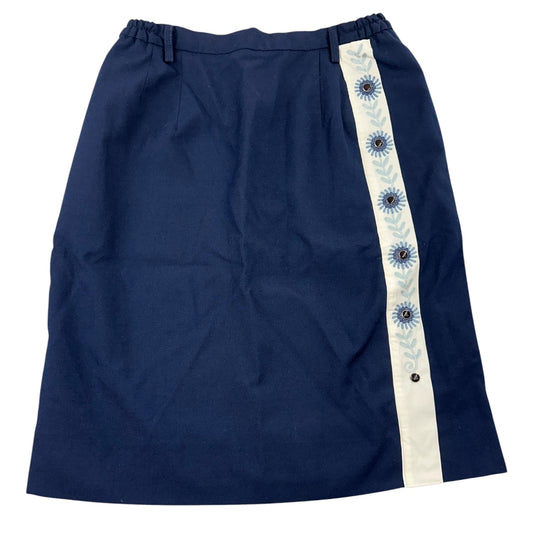 Vintage Style Navy Blue Embroidered Floral Button Skirt