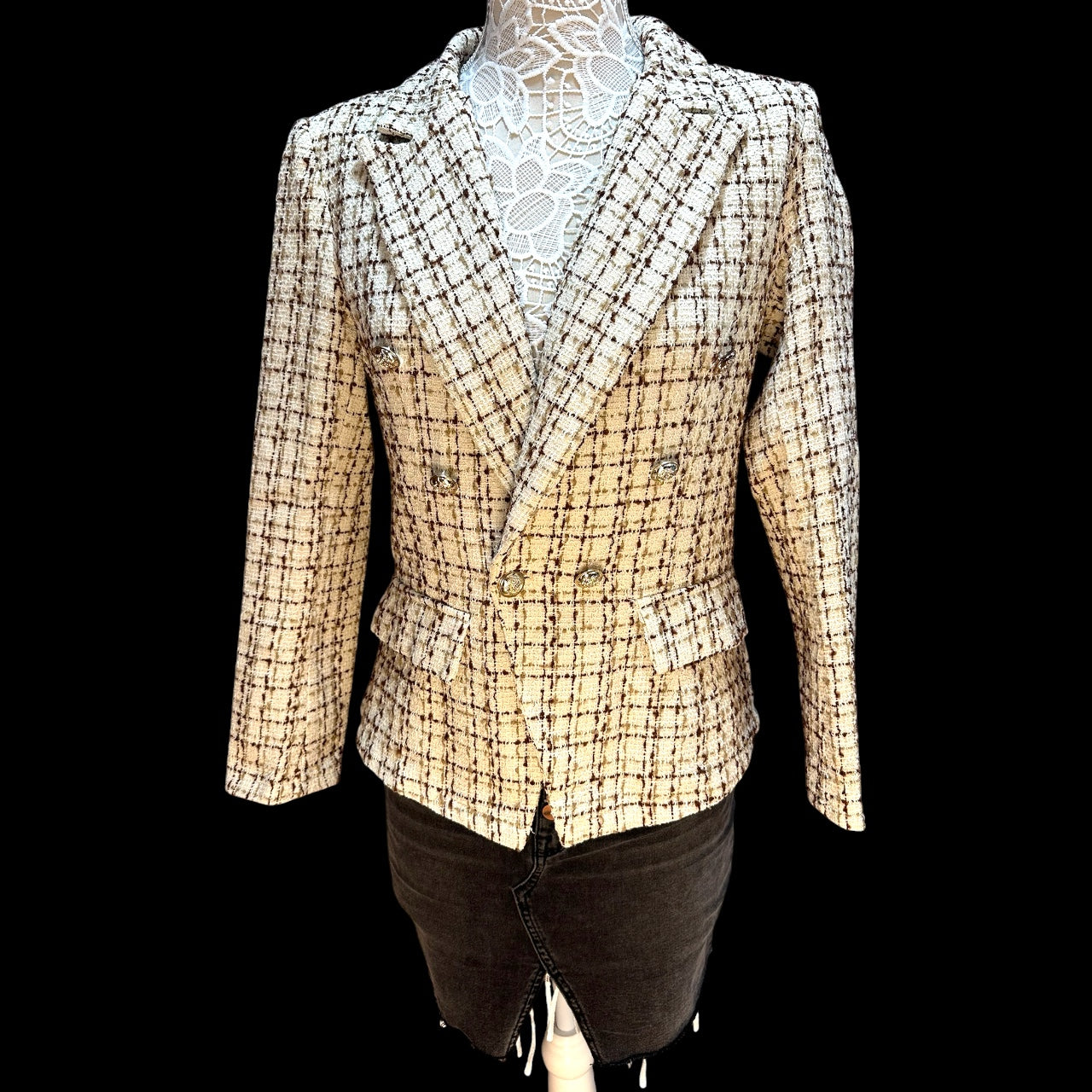 Shein Classic Cream Tweed Double Breasted Blazer