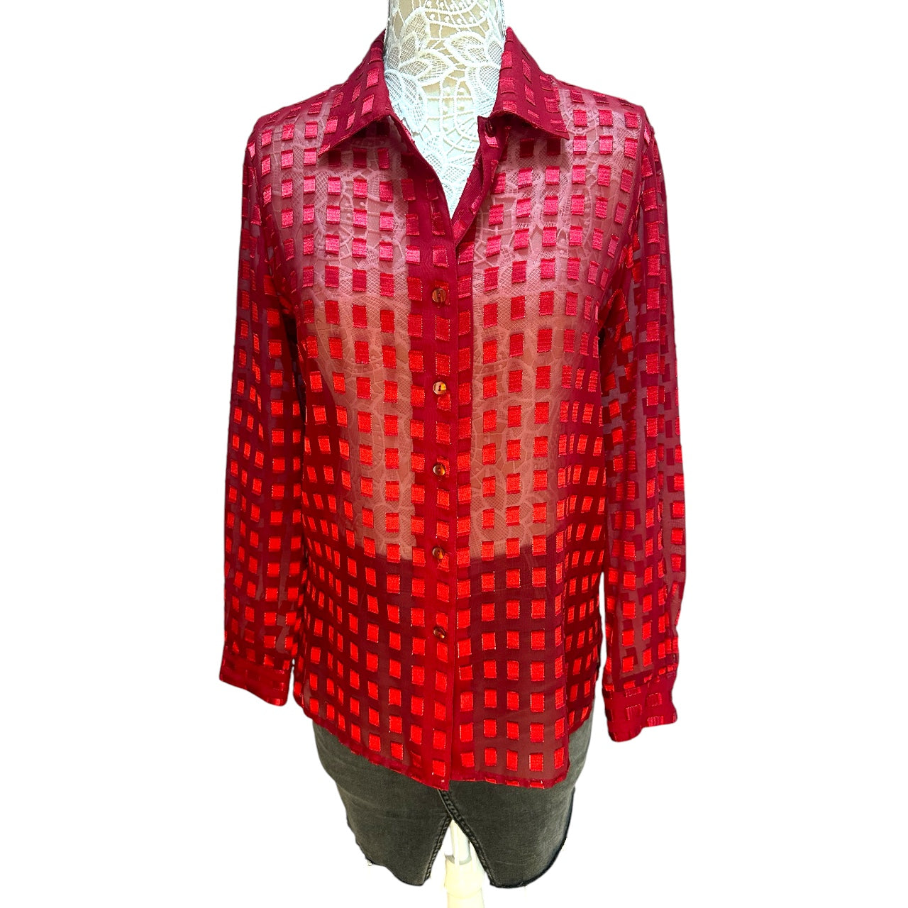 Vintage Notations Sheer Red Checkered Button Down