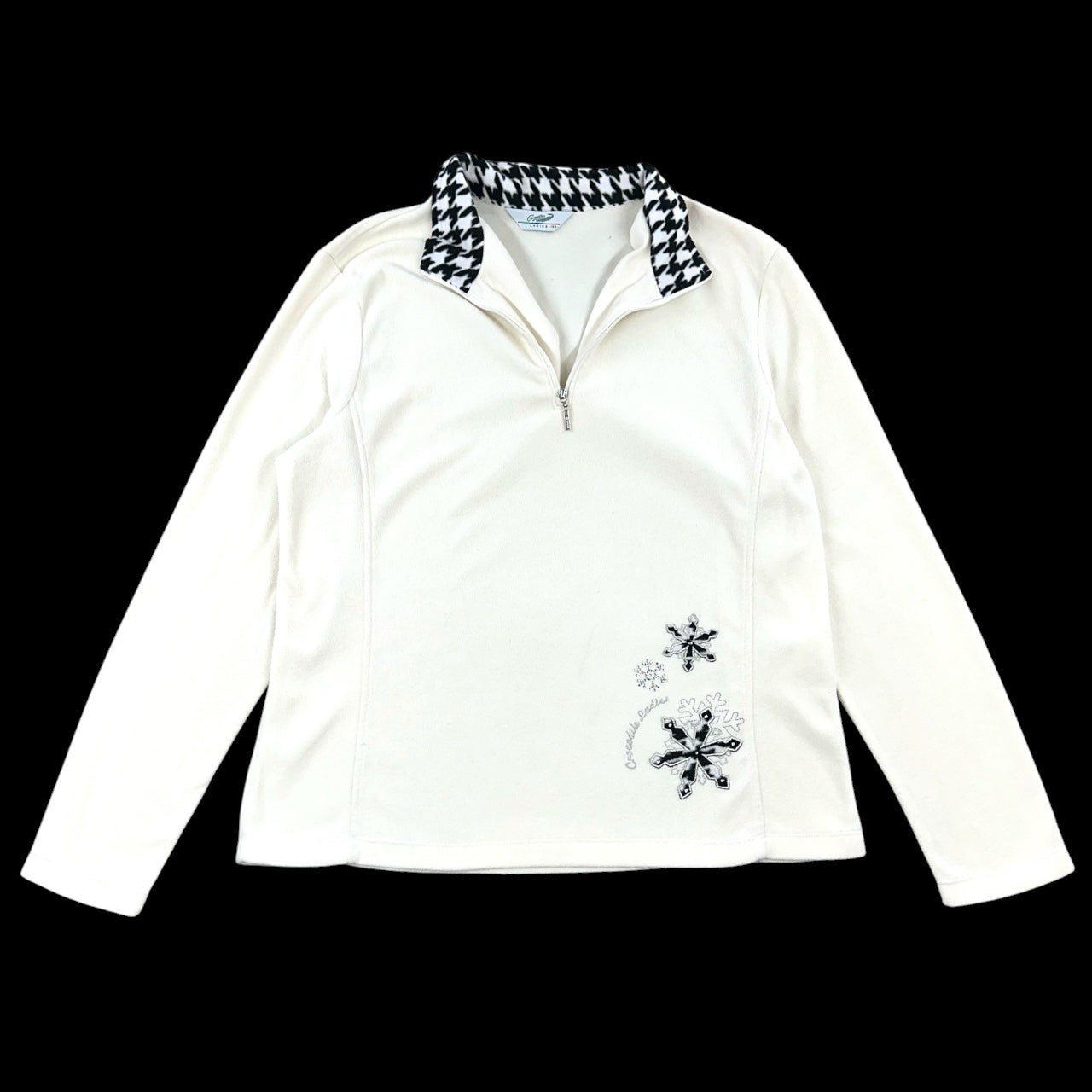 Crocodile Ladies Vintage Ivory Quarter Zip Pullover with Houndstooth Collar & Snowflake Embroidery