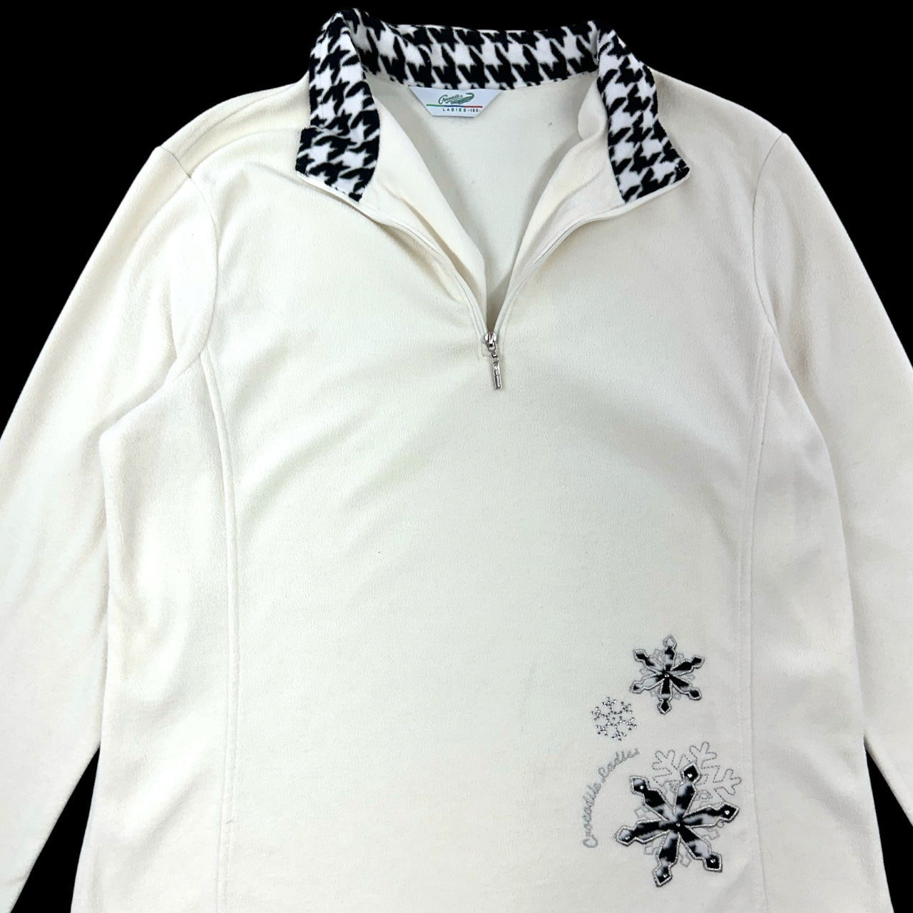 Crocodile Ladies Vintage Ivory Quarter Zip Pullover with Houndstooth Collar & Snowflake Embroidery