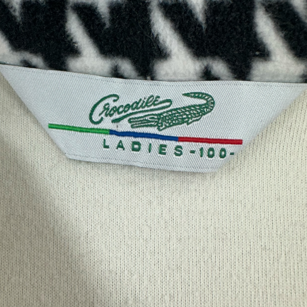 Crocodile Ladies Vintage Ivory Quarter Zip Pullover with Houndstooth Collar & Snowflake Embroidery