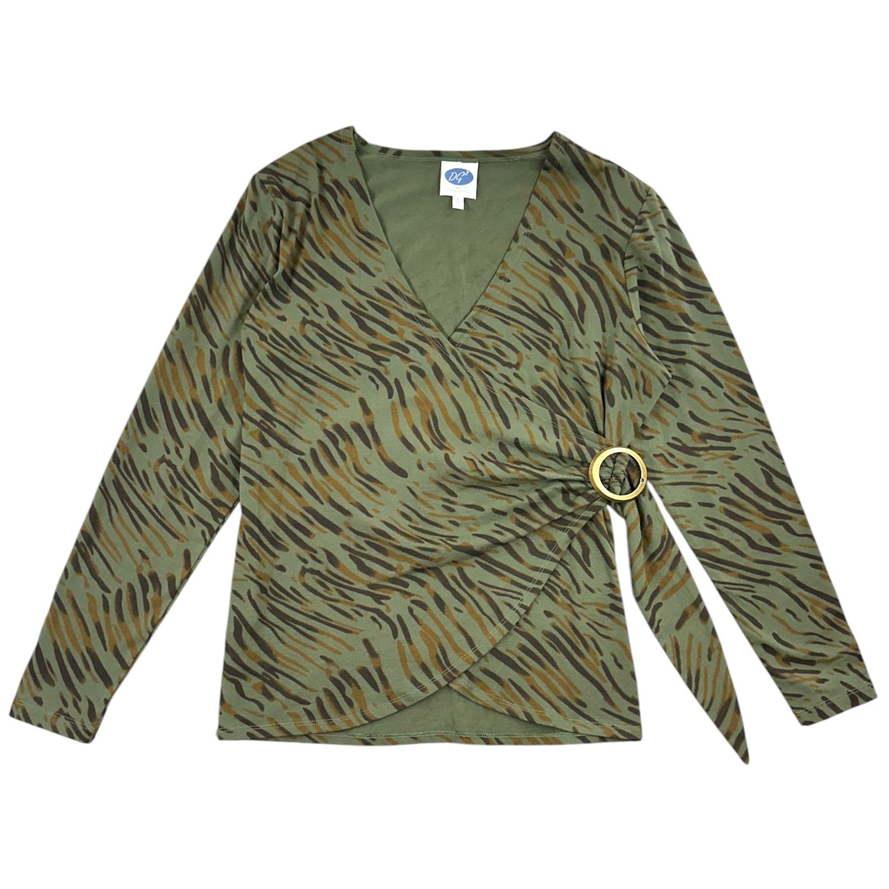 Y2K Olive Green Tiger Print Faux Wrap Top with Surplice Neckline and Ring Detail
