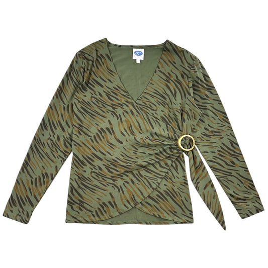Y2K Olive Green Tiger Print Faux Wrap Top with Surplice Neckline and Ring Detail