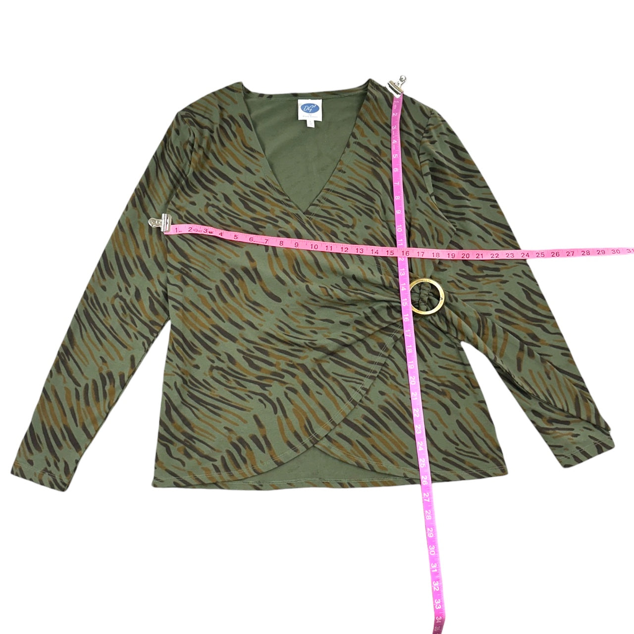 Y2K Olive Green Tiger Print Faux Wrap Top with Surplice Neckline and Ring Detail