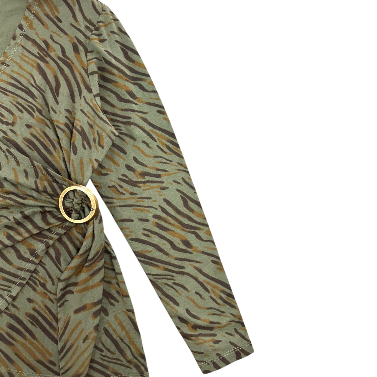 Y2K Olive Green Tiger Print Faux Wrap Top with Surplice Neckline and Ring Detail