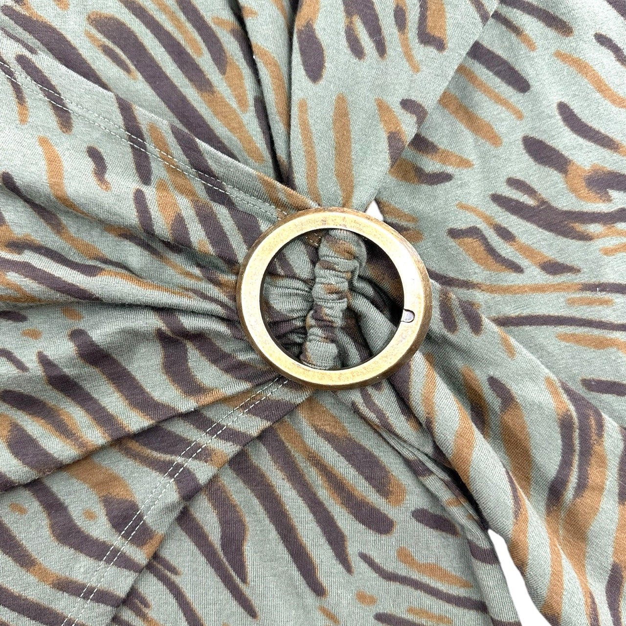 Y2K Olive Green Tiger Print Faux Wrap Top with Surplice Neckline and Ring Detail