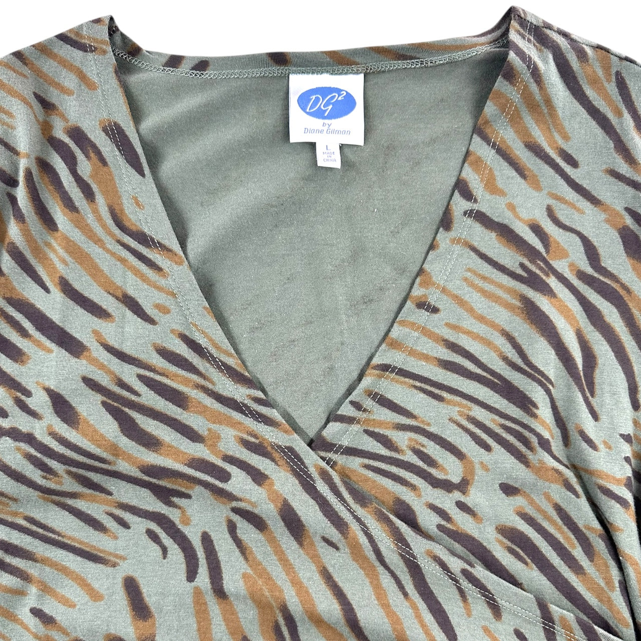 Y2K Olive Green Tiger Print Faux Wrap Top with Surplice Neckline and Ring Detail