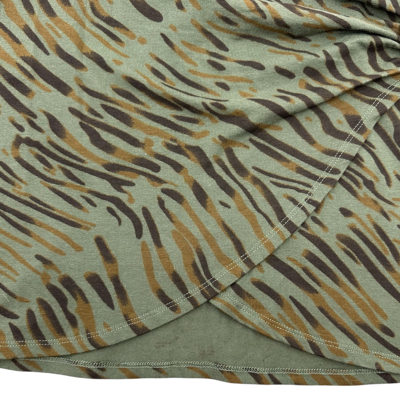 Y2K Olive Green Tiger Print Faux Wrap Top with Surplice Neckline and Ring Detail
