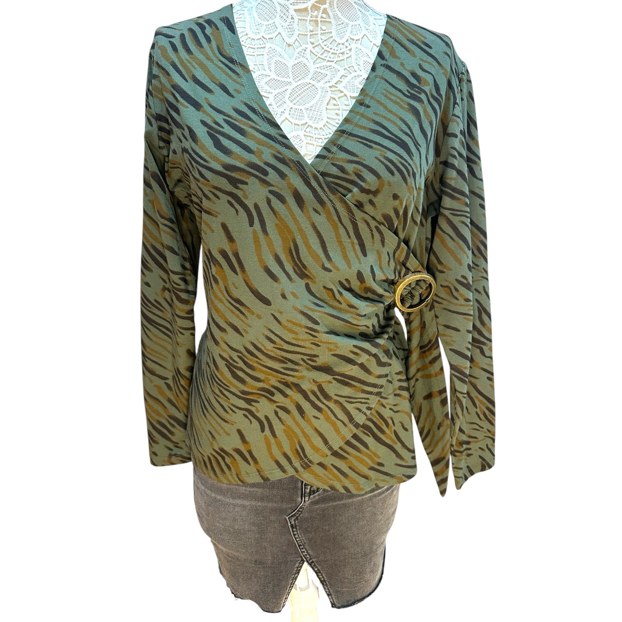 Y2K Olive Green Tiger Print Faux Wrap Top with Surplice Neckline and Ring Detail
