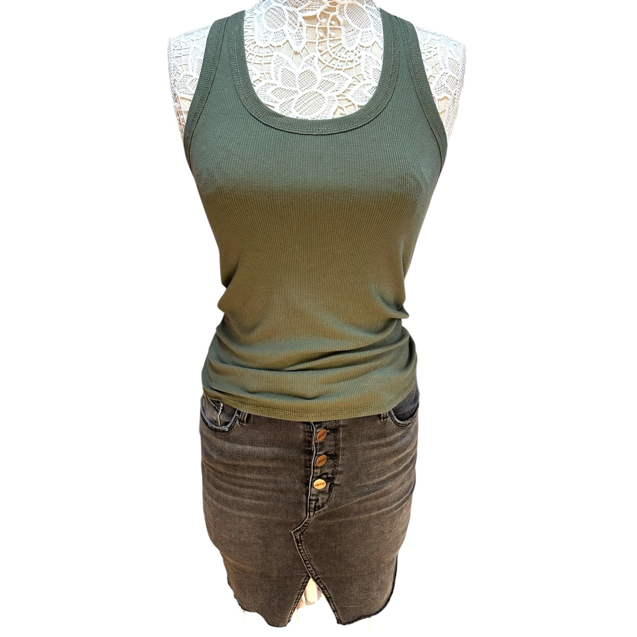 Classic Olive Green Ribbed Scoop Neck Tank