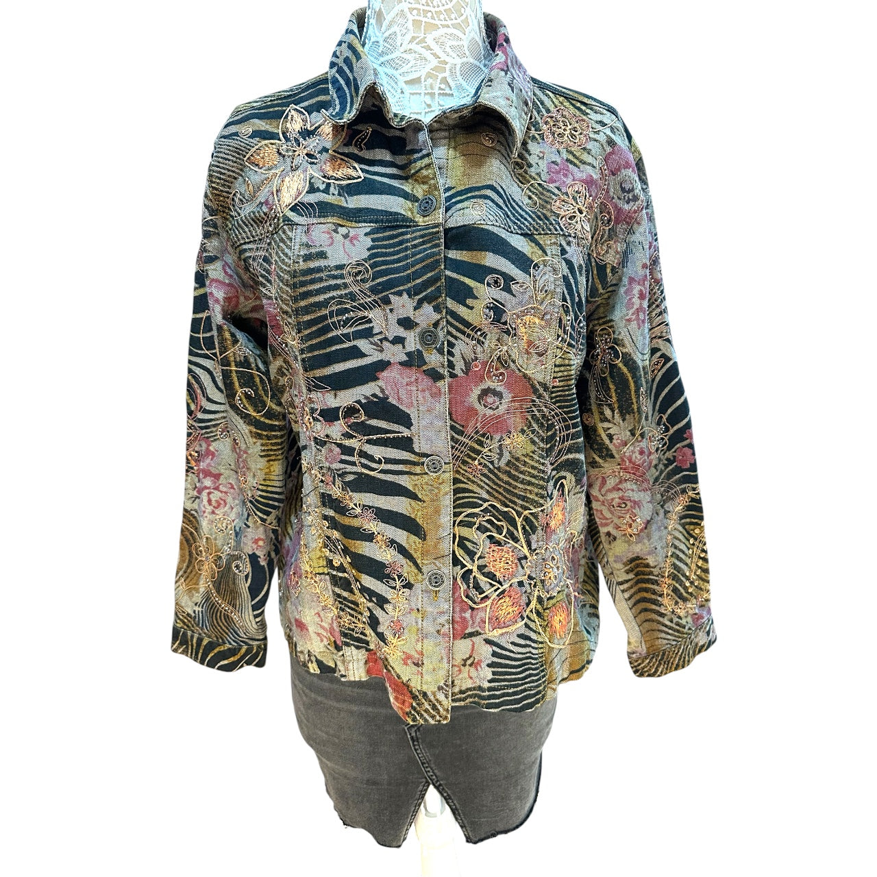 Vintage Chico's Art to Wear Embroidered Beaded Animal Floral Print Jacket