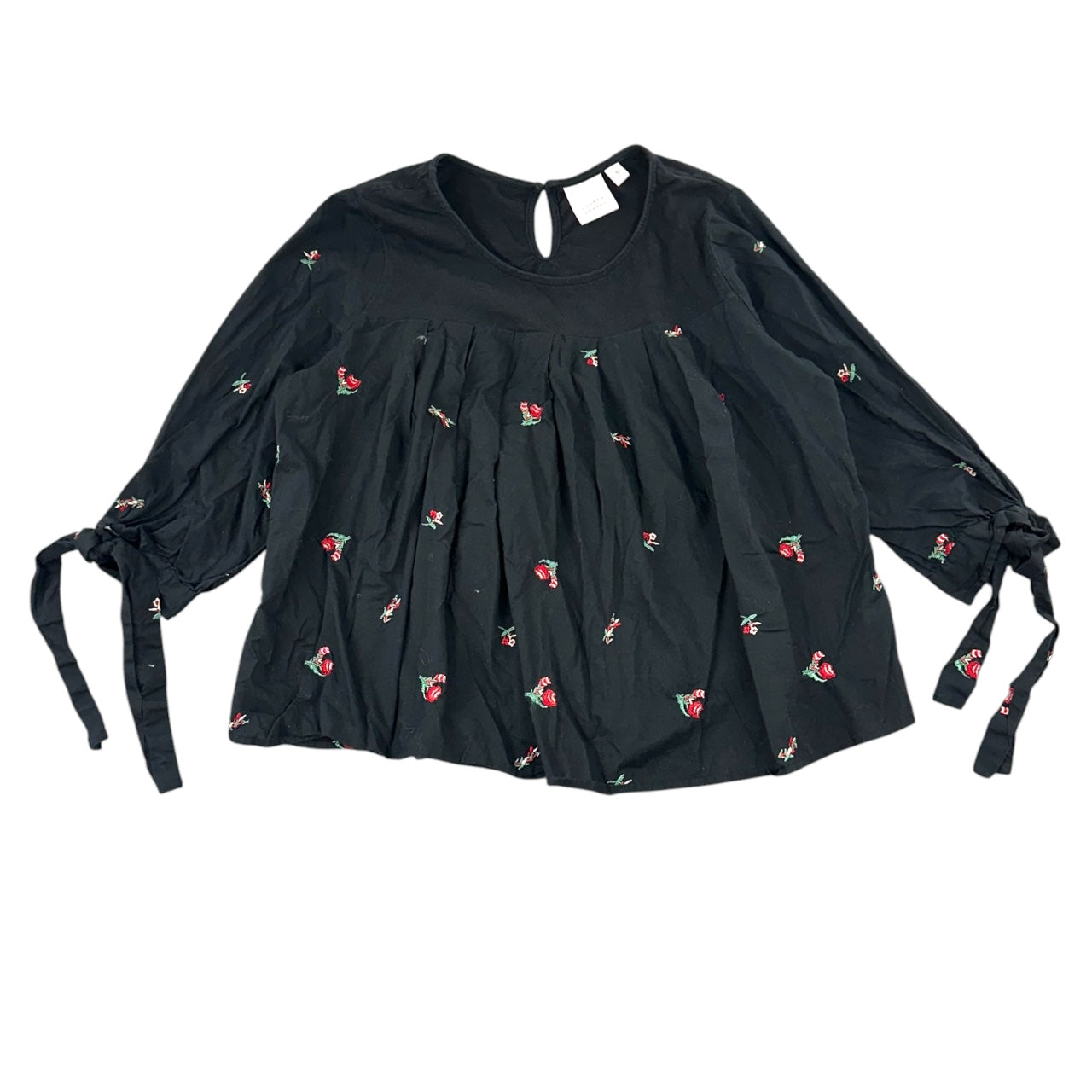 LC Lauren Conrad Black Floral Embroidered Peasant Boho Blouse