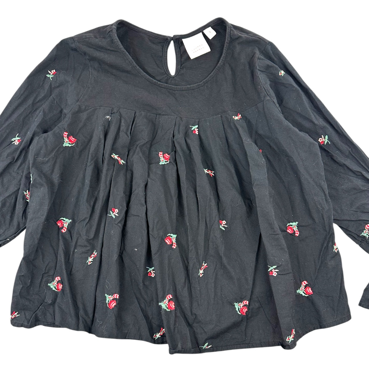 LC Lauren Conrad Black Floral Embroidered Peasant Boho Blouse