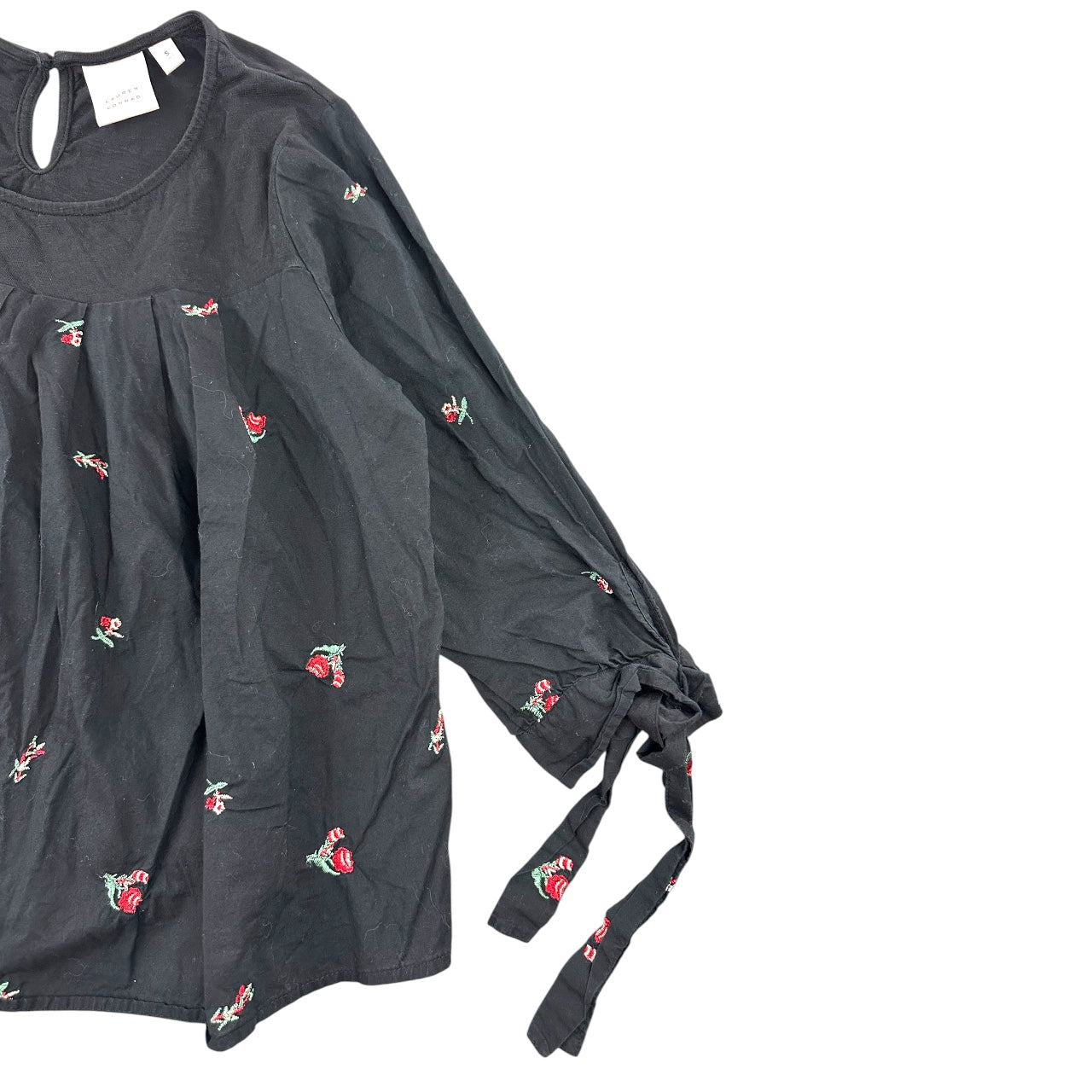 LC Lauren Conrad Black Floral Embroidered Peasant Boho Blouse