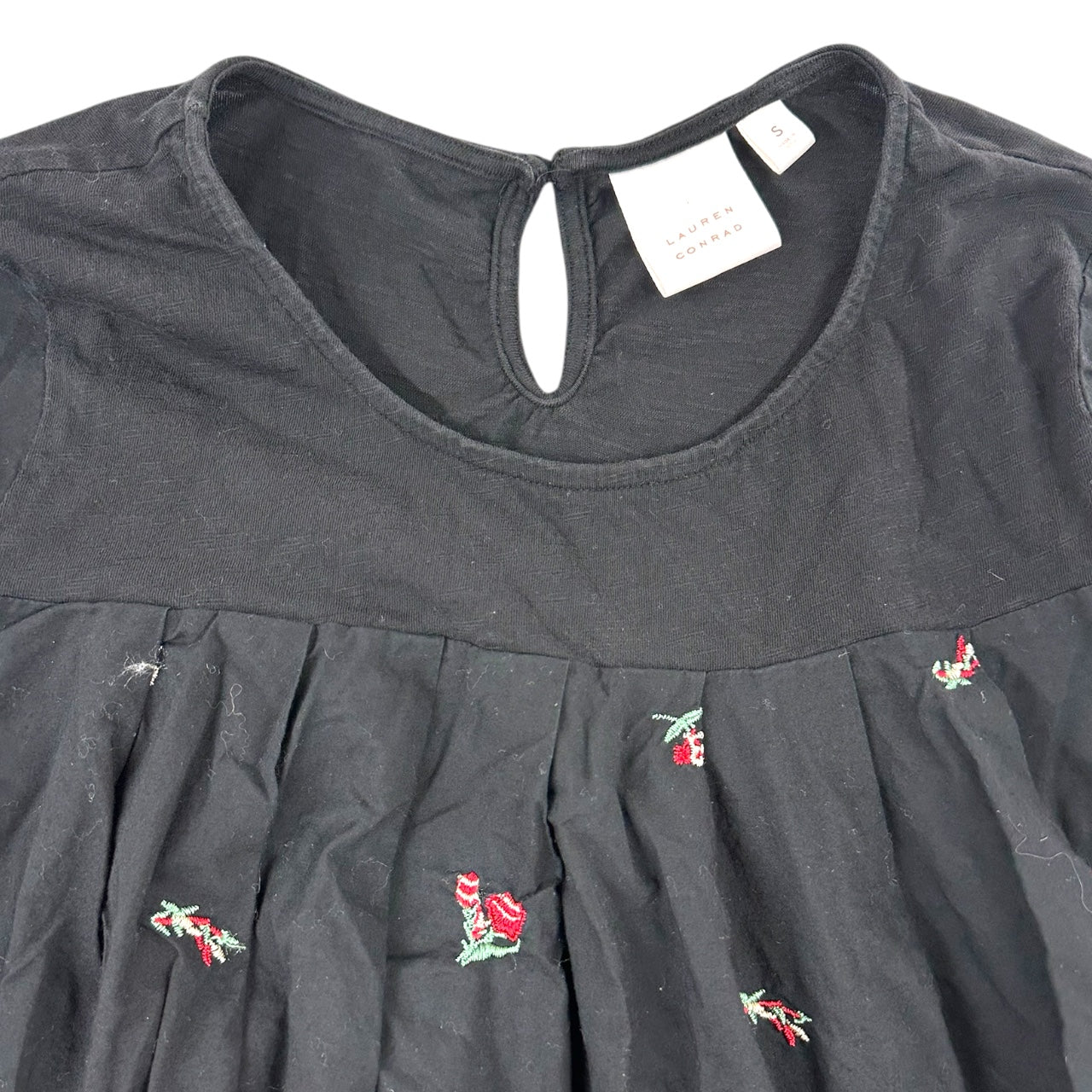 LC Lauren Conrad Black Floral Embroidered Peasant Boho Blouse