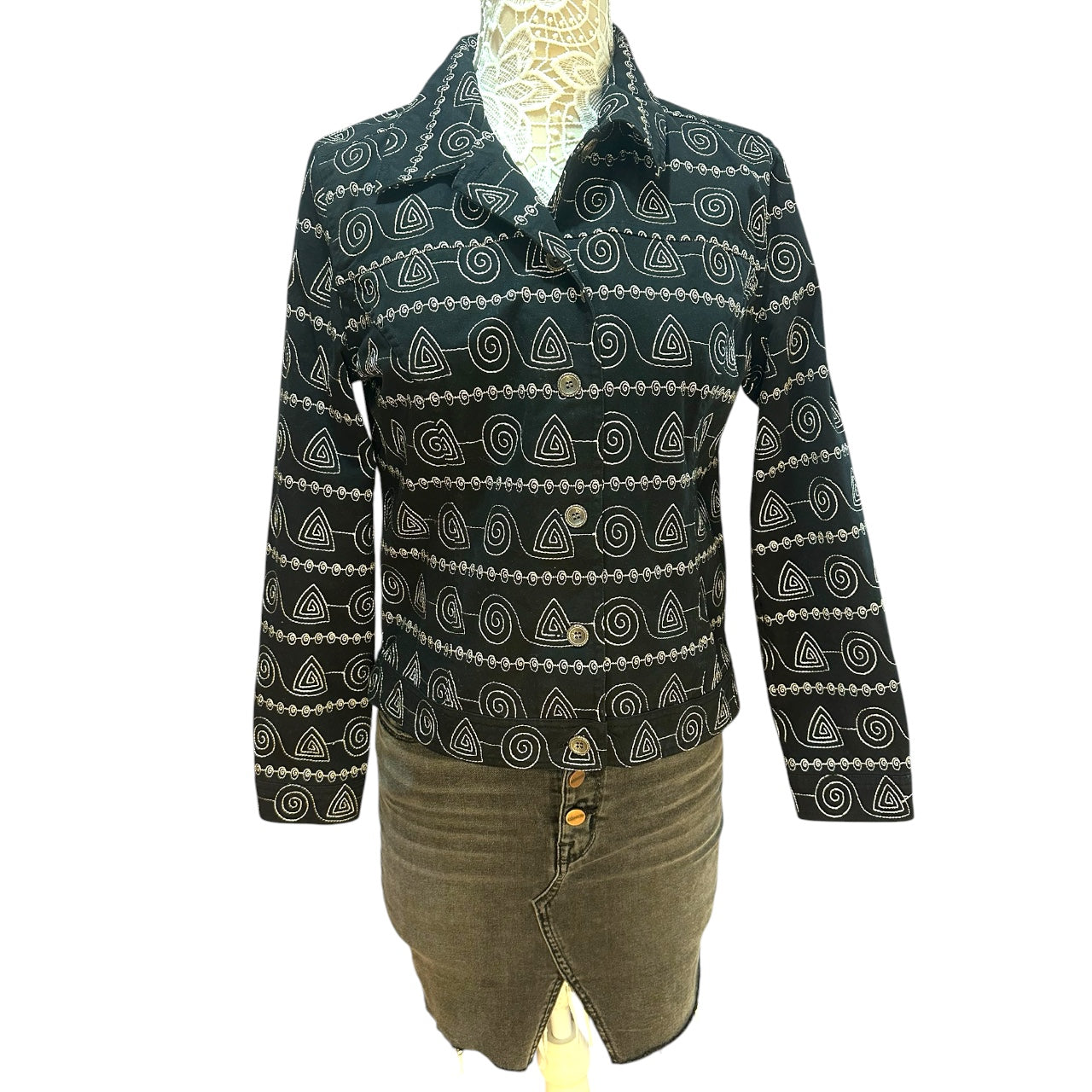 Vintage Christopher & Banks Geometric Jacket Black & White Tribal Print Shirt Jacket