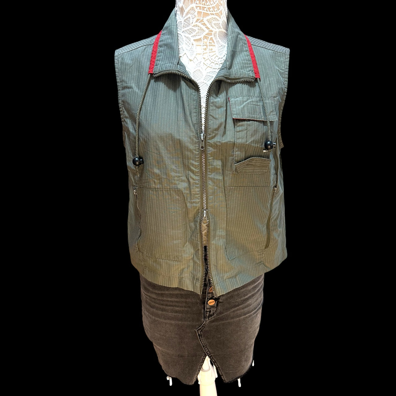 Xhilaration Olive Green Striped Cargo Vest Multi Pocket Utility Vest