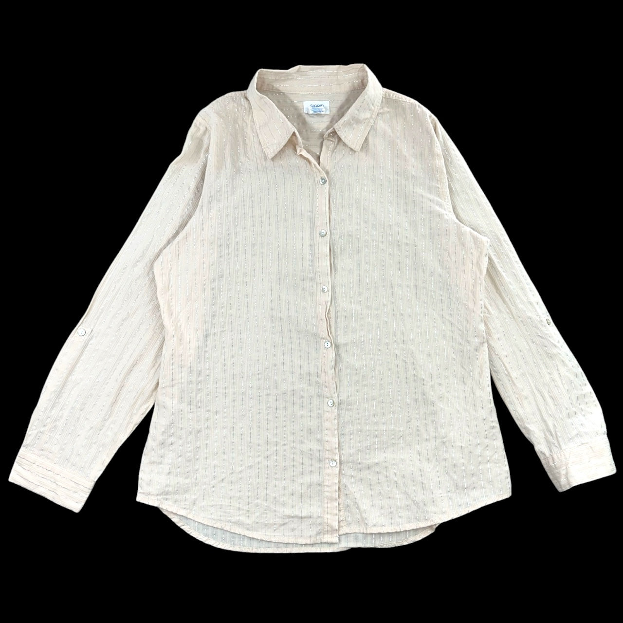 Sigrid Olsen Cream Linen Blend Metallic Stripe Button Down Roll Tab Sleeve Blouse
