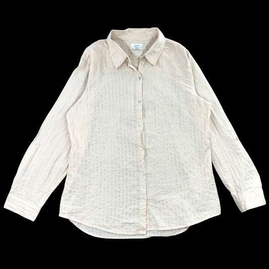 Sigrid Olsen Cream Linen Blend Metallic Stripe Button Down Roll Tab Sleeve Blouse