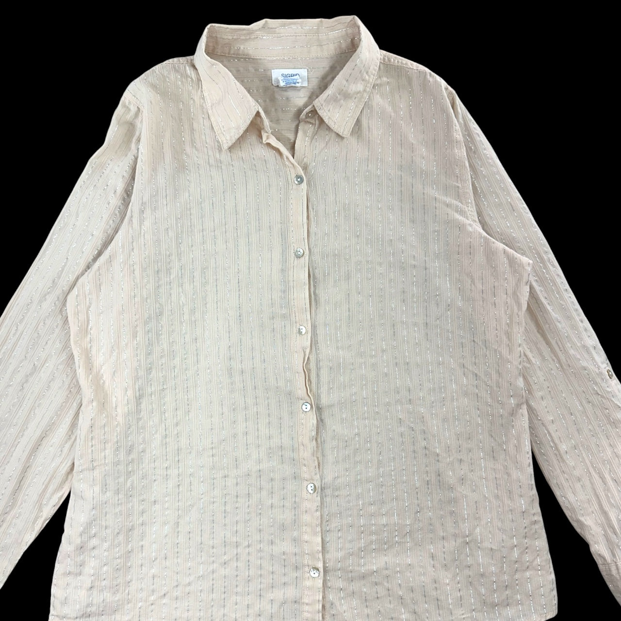 Sigrid Olsen Cream Linen Blend Metallic Stripe Button Down Roll Tab Sleeve Blouse