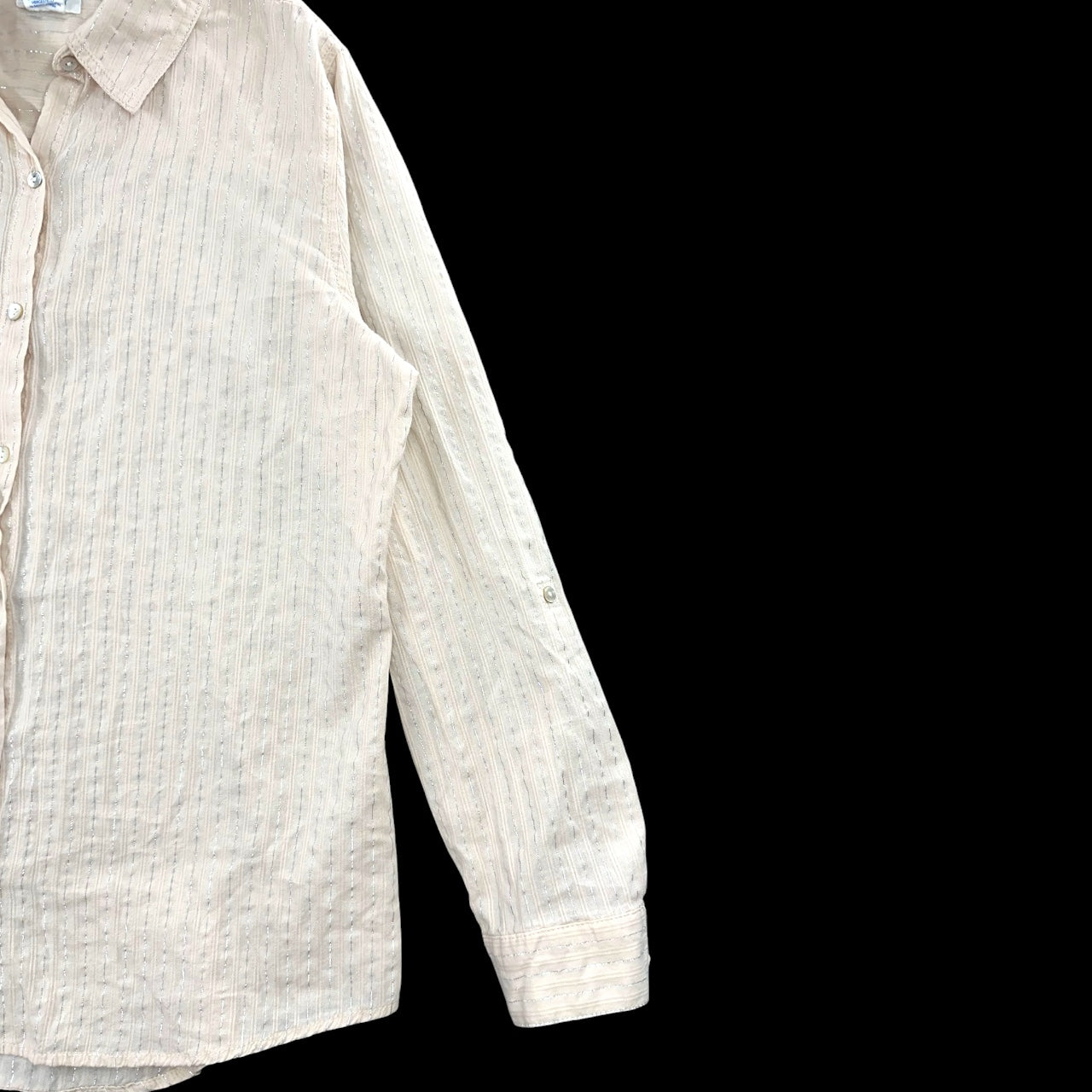 Sigrid Olsen Cream Linen Blend Metallic Stripe Button Down Roll Tab Sleeve Blouse