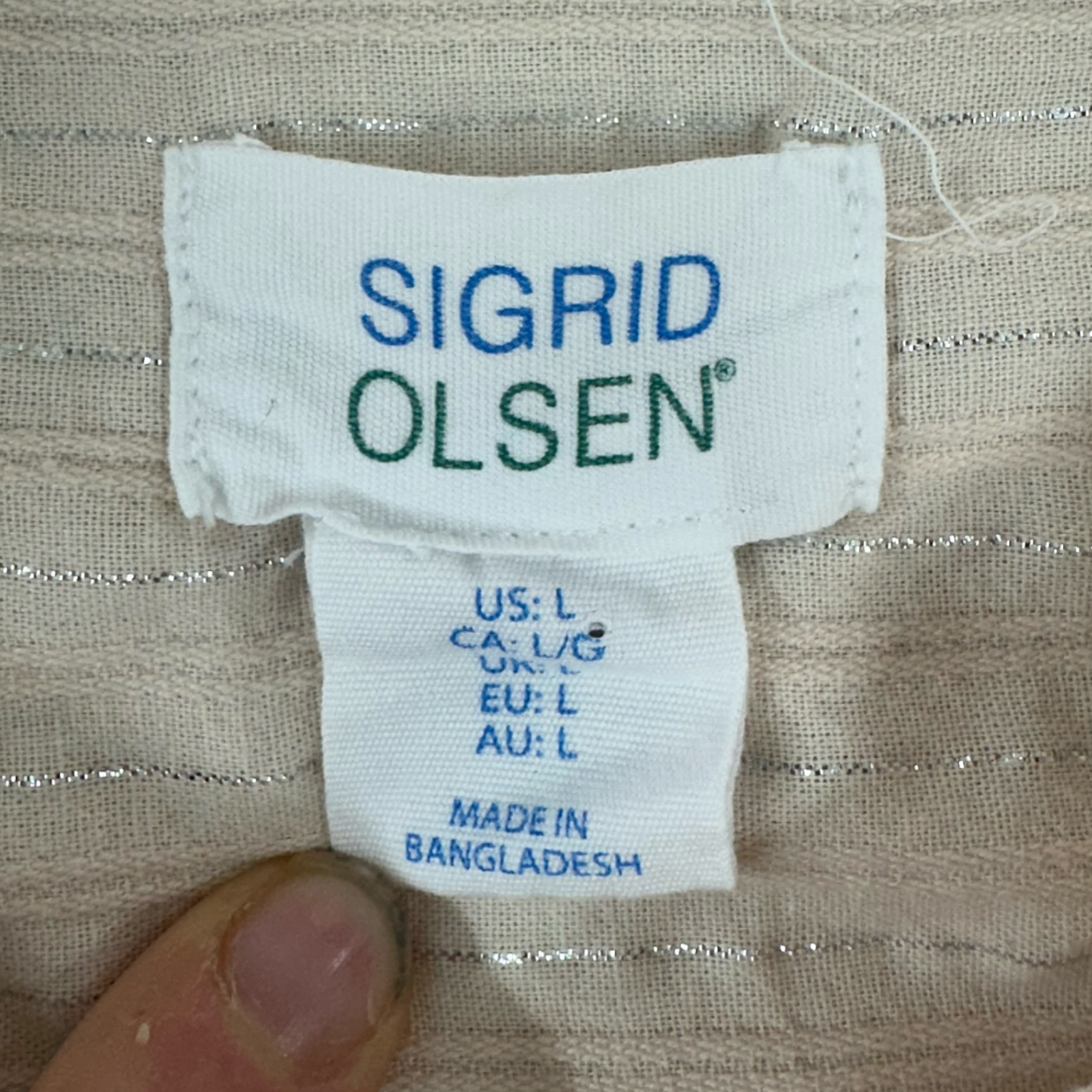 Sigrid Olsen Cream Linen Blend Metallic Stripe Button Down Roll Tab Sleeve Blouse