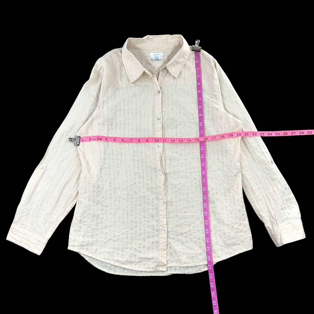 Sigrid Olsen Cream Linen Blend Metallic Stripe Button Down Roll Tab Sleeve Blouse