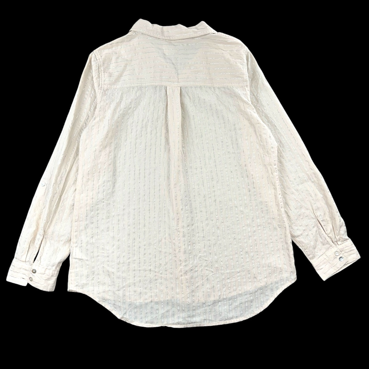 Sigrid Olsen Cream Linen Blend Metallic Stripe Button Down Roll Tab Sleeve Blouse