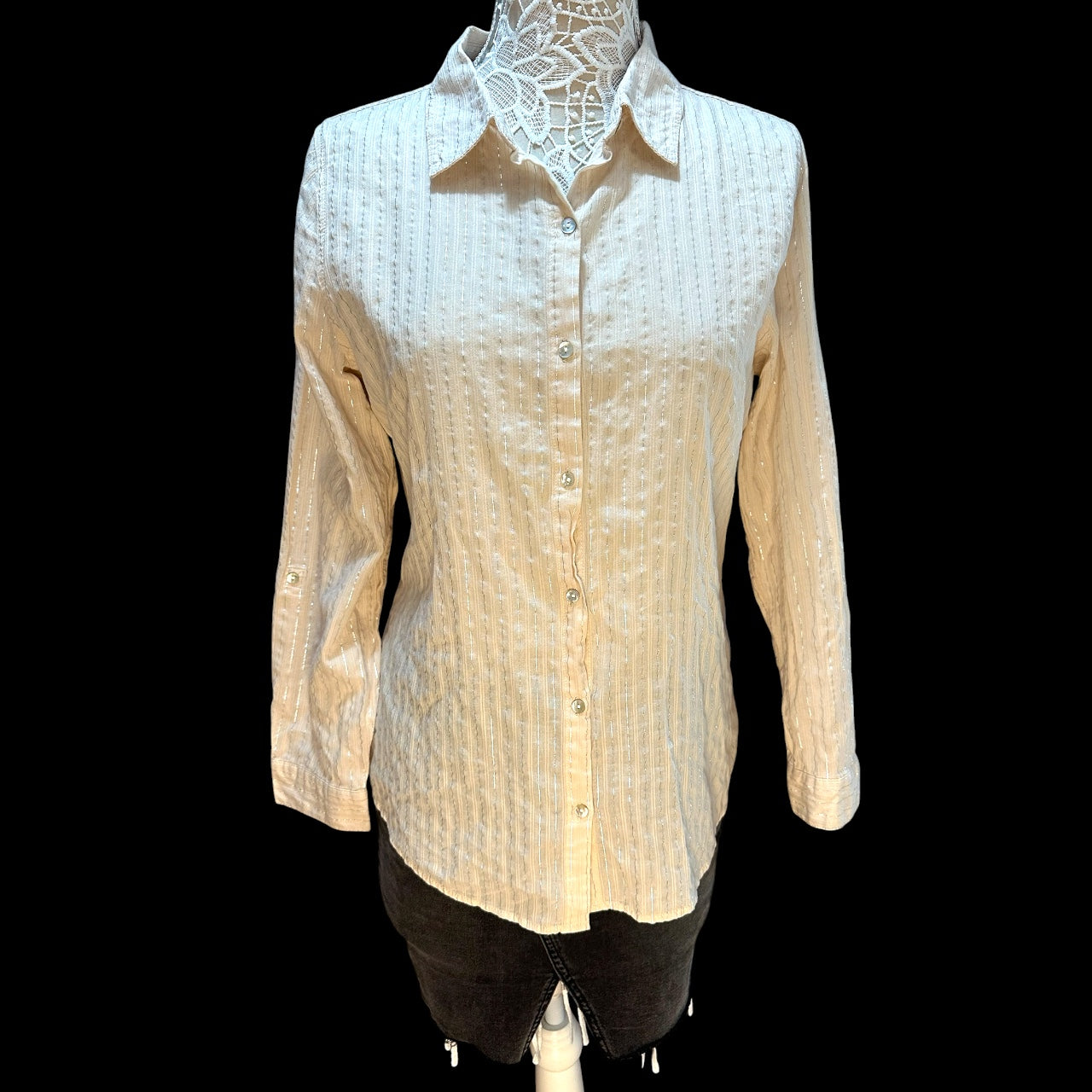 Sigrid Olsen Cream Linen Blend Metallic Stripe Button Down Roll Tab Sleeve Blouse