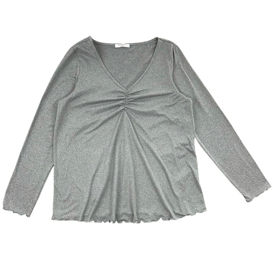 Ekouaer Silver Metallic Shimmer Ruched V Neck Top