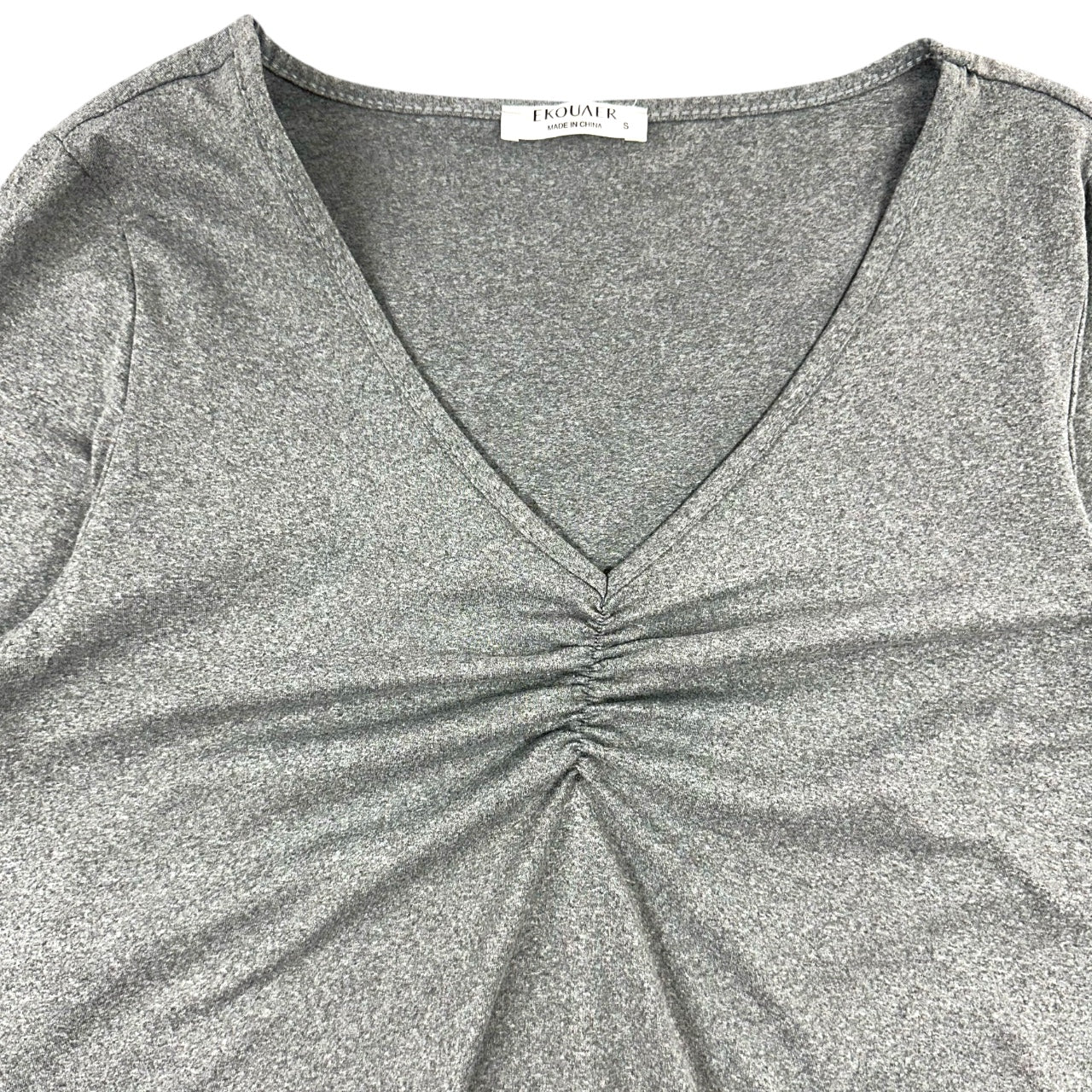 Ekouaer Silver Metallic Shimmer Ruched V Neck Top