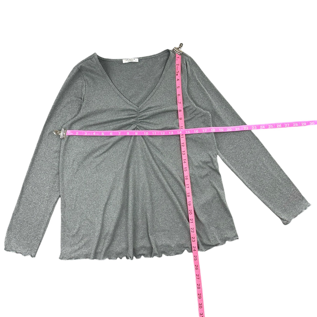 Ekouaer Silver Metallic Shimmer Ruched V Neck Top