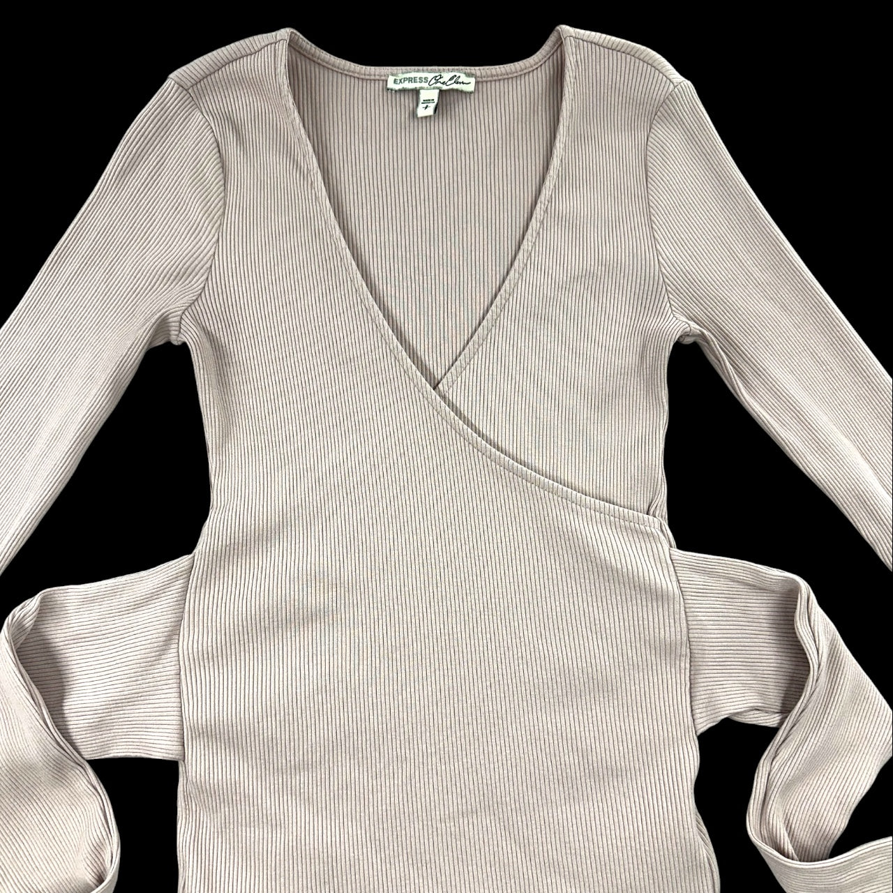 Vintage Express Ribbed Mauve Pink Long Sleeve Tie Waist Ballet Wrap Top