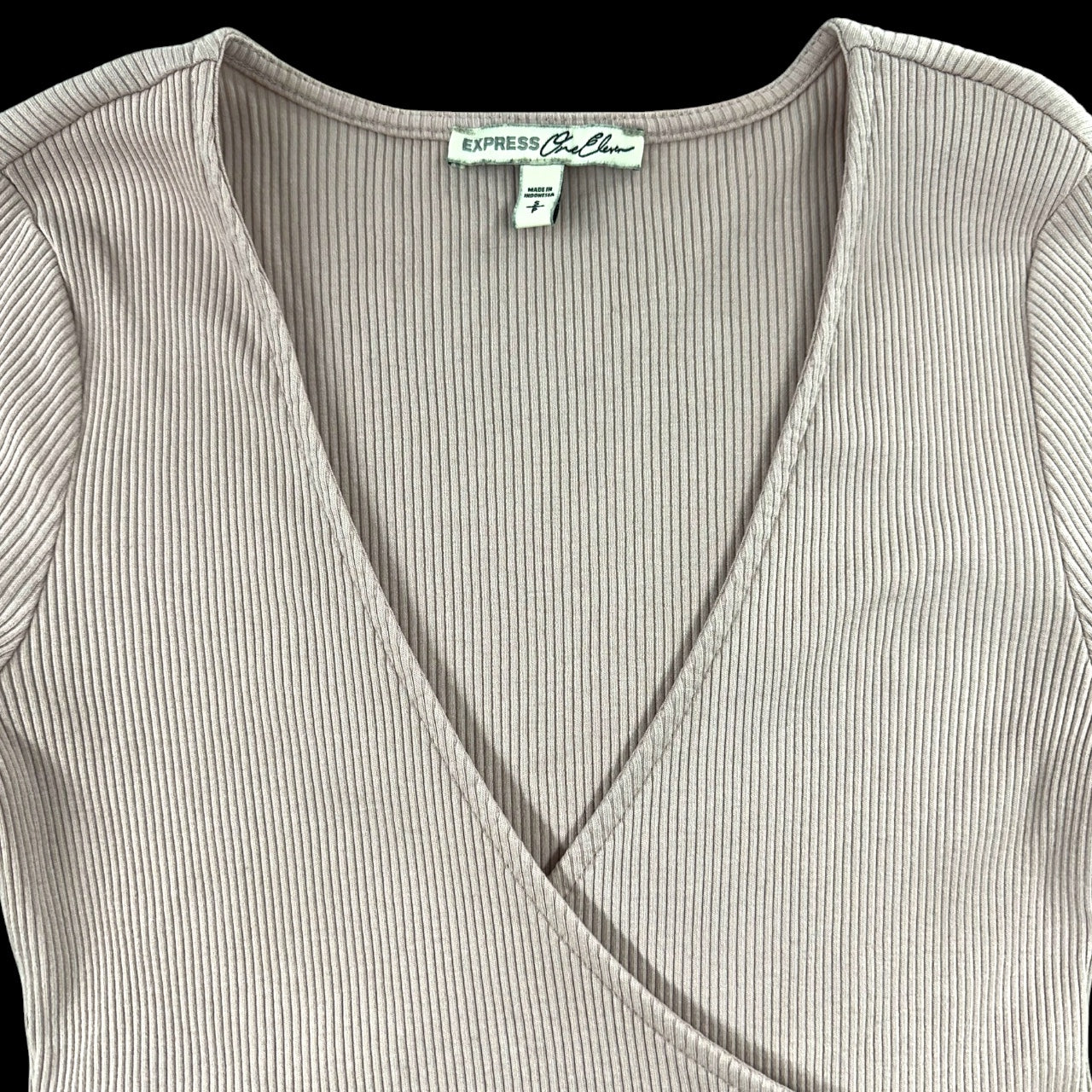 Vintage Express Ribbed Mauve Pink Long Sleeve Tie Waist Ballet Wrap Top