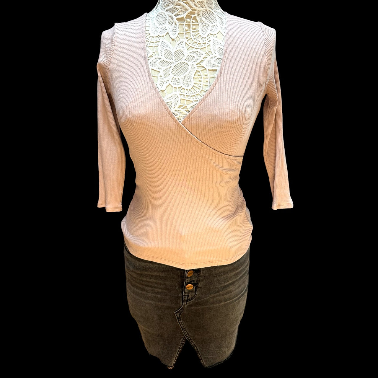 Vintage Express Ribbed Mauve Pink Long Sleeve Tie Waist Ballet Wrap Top