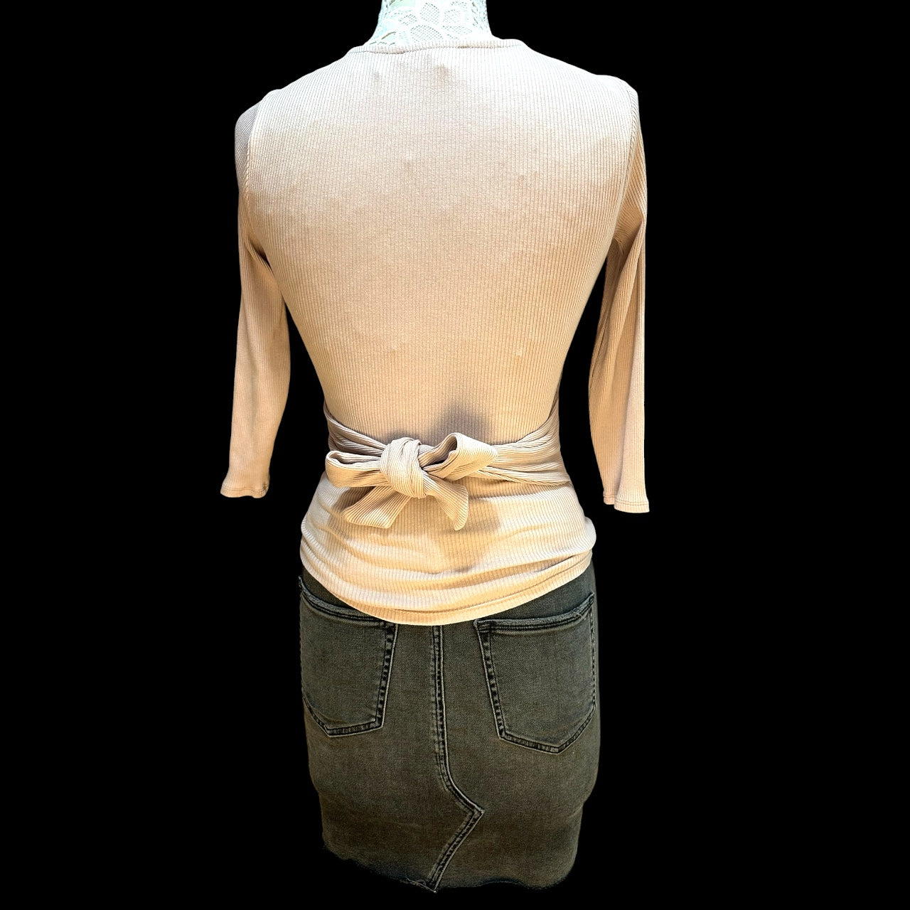 Vintage Express Ribbed Mauve Pink Long Sleeve Tie Waist Ballet Wrap Top