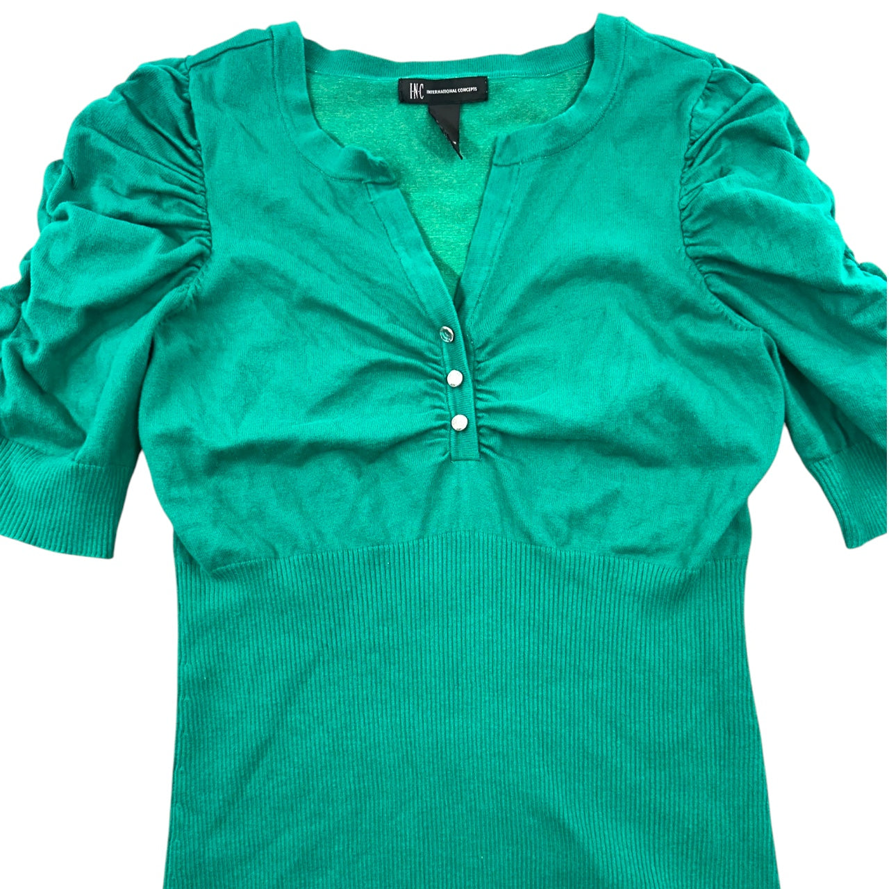 Vintage INC International Concepts Green V-Neck Puff Sleeve Sweater Top