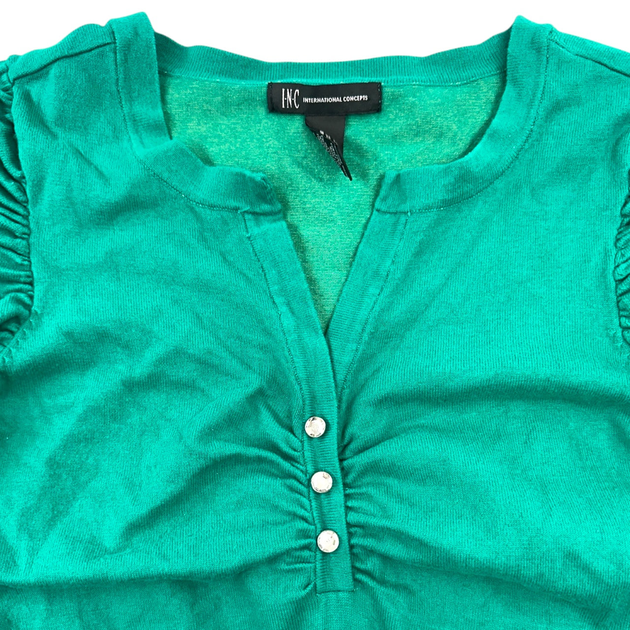 Vintage INC International Concepts Green V-Neck Puff Sleeve Sweater Top